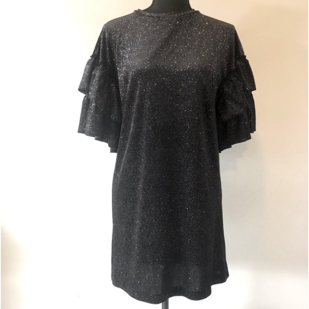 Women’s H&M Black Velvet Multicolour Glittery Ruffled Short sleeve dress size XS